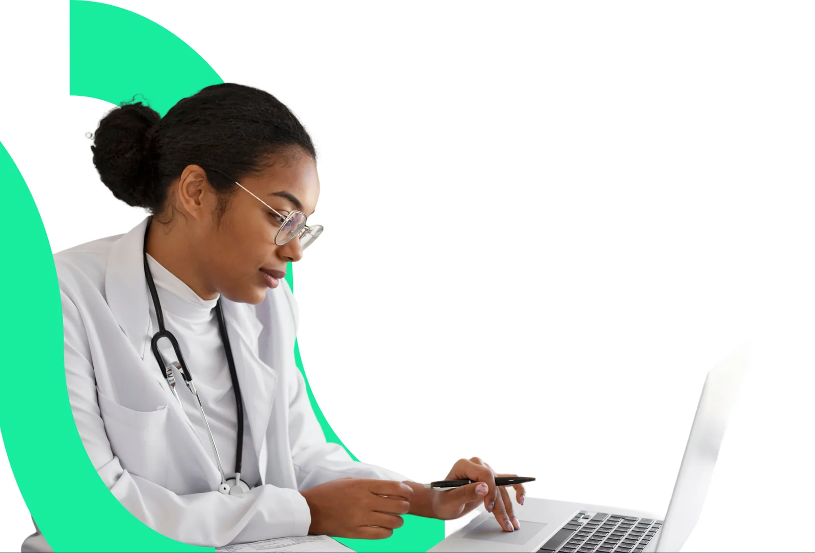 Doctor working on a laptop, framed by the MediWallet swoosh